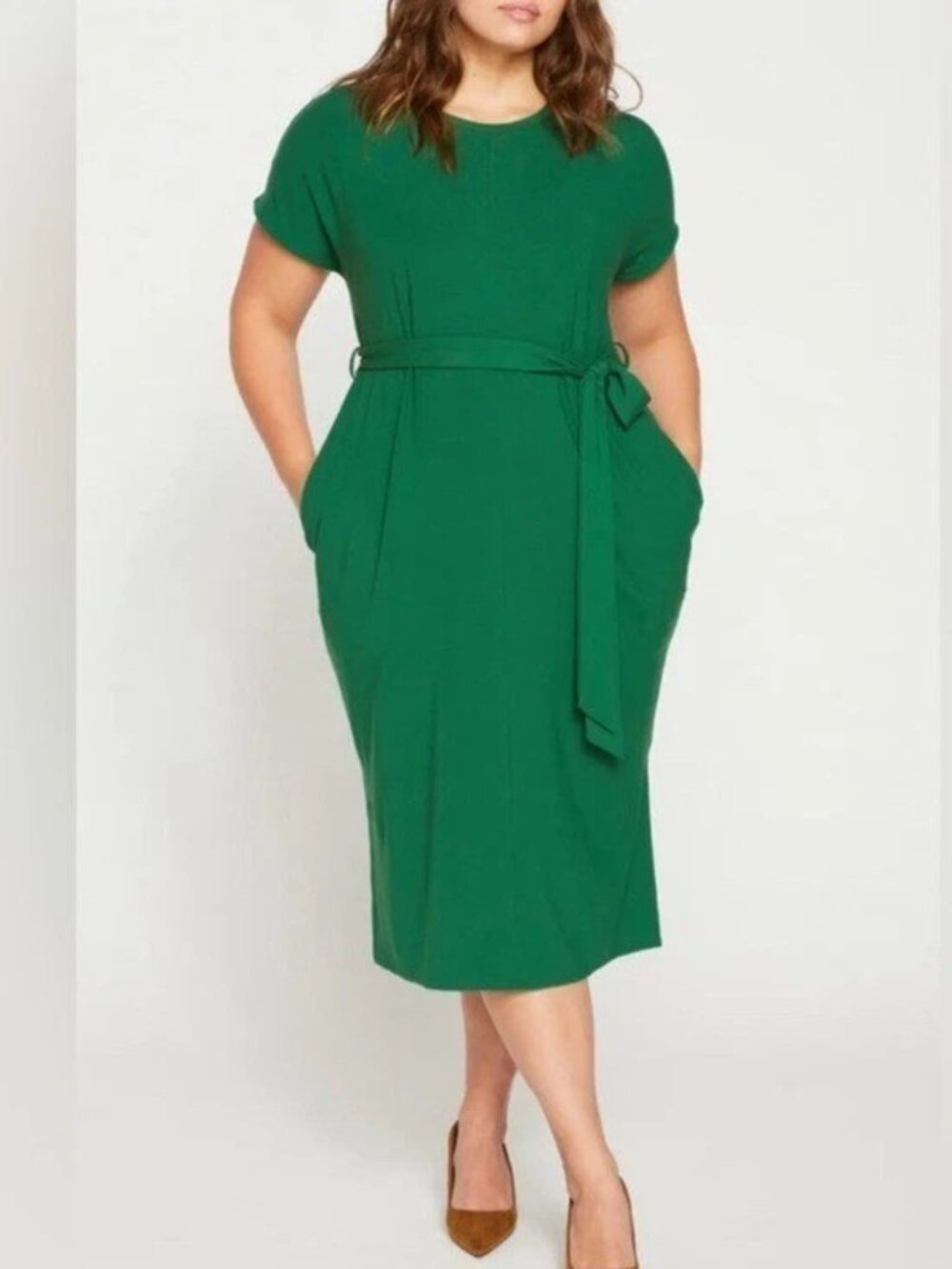 Universal Standard Travel Knit Belted Green Midi Dress